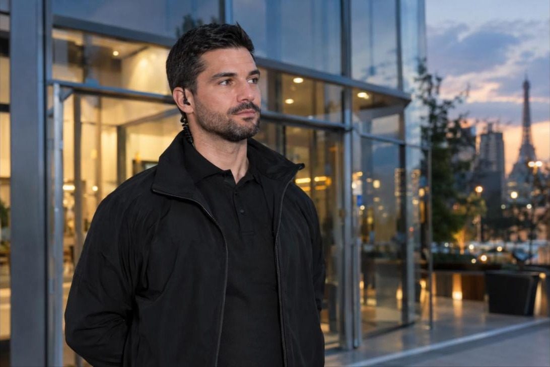 Agent de sécurité devant l'entrée d'un immeuble de bureaux à Paris